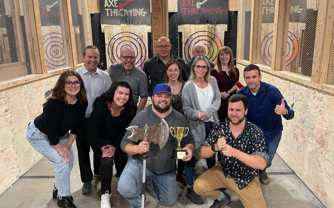 FSC board and staff group shot at Axe throwing